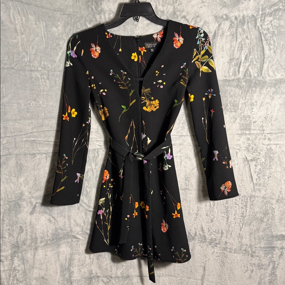 Topshop‎ Black Dress with Vibrant Floral Accents size 2 long sleeve and tie